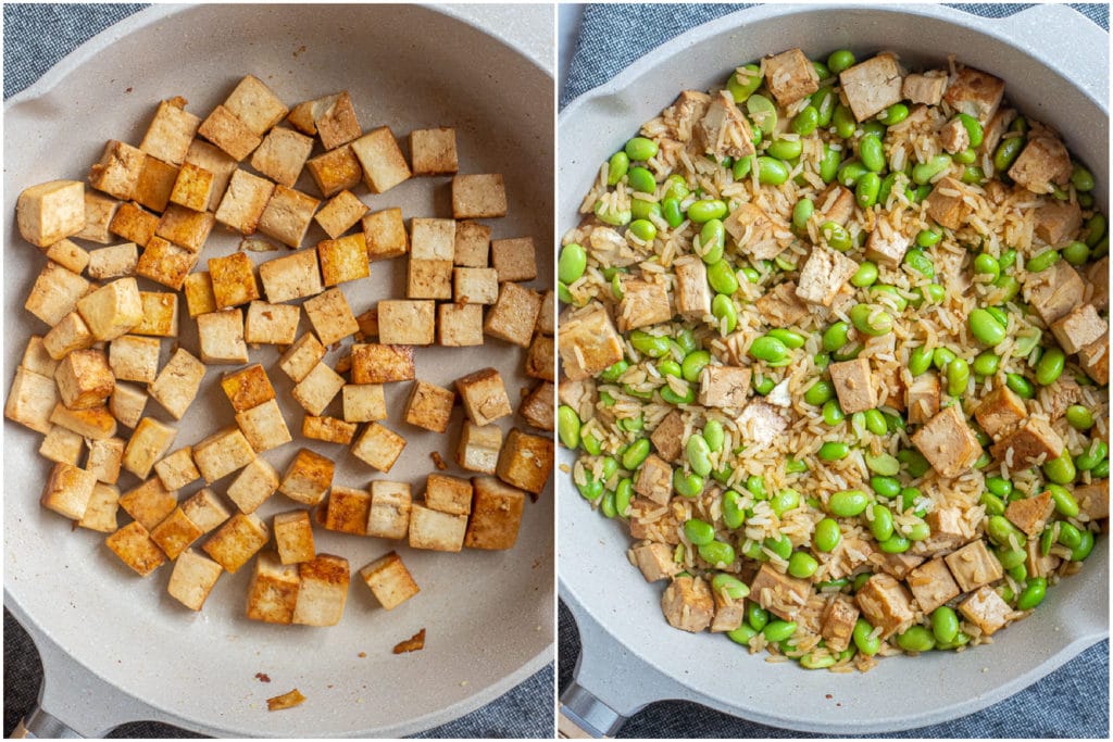 showing how to make edamame stir fry with tofu