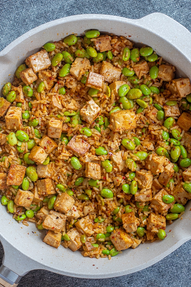 large pan of edamame stir fry
