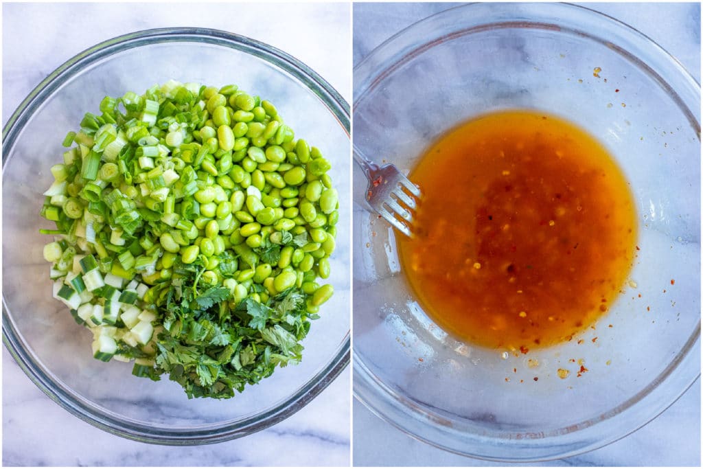 showing how to make this refreshing cucumber salad with all ingredients in a bowl with dressing