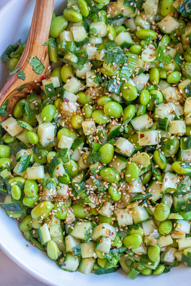 close up of cucumber edamame salad recipe