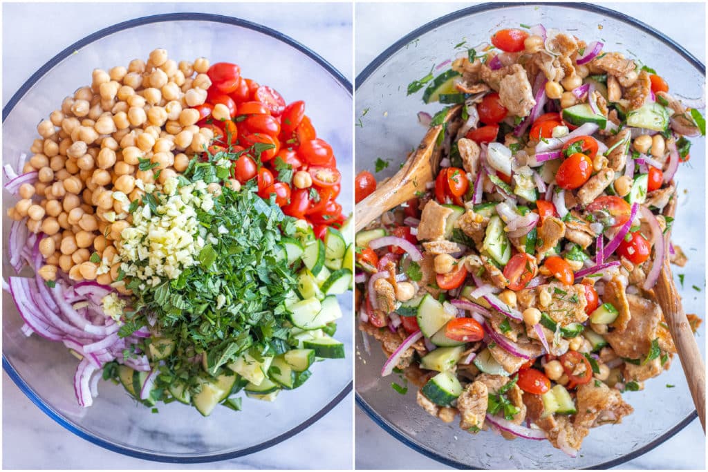 showing how to make pita bread salad with all the ingredients mixed together in a bowl