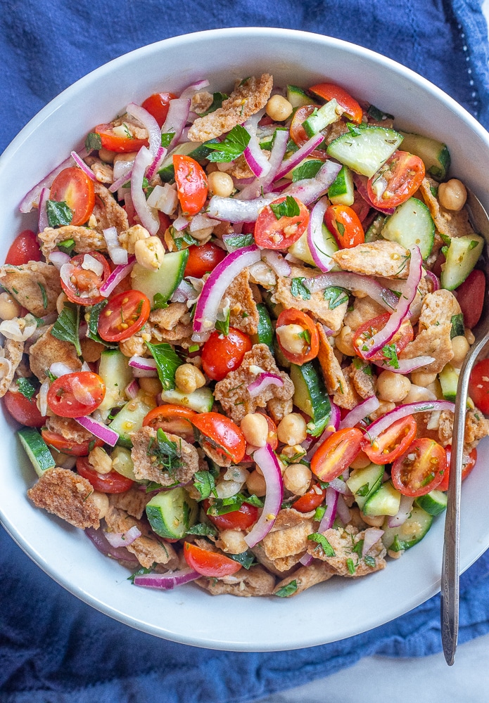 large bowl of crispy pita bread salad