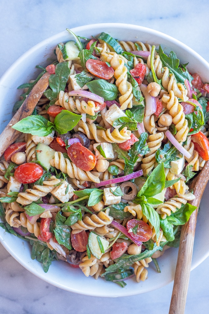 big bowl of tahini balsamic pasta salad