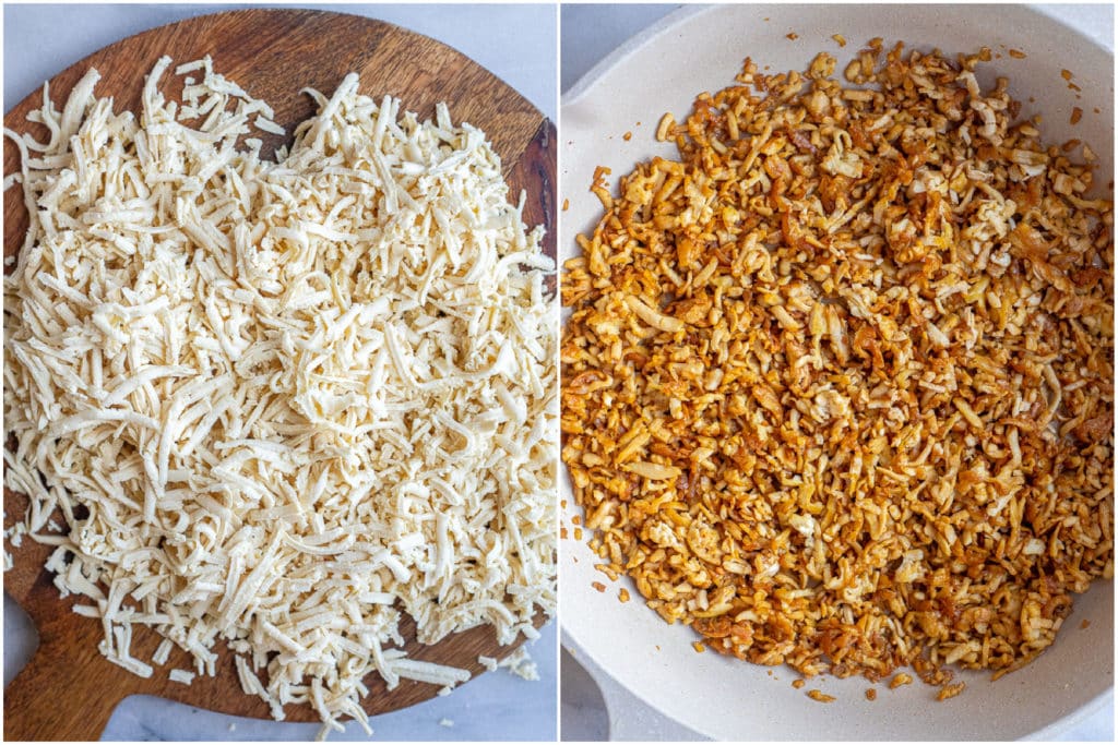 showing how to make crispy grated tofu in a pan