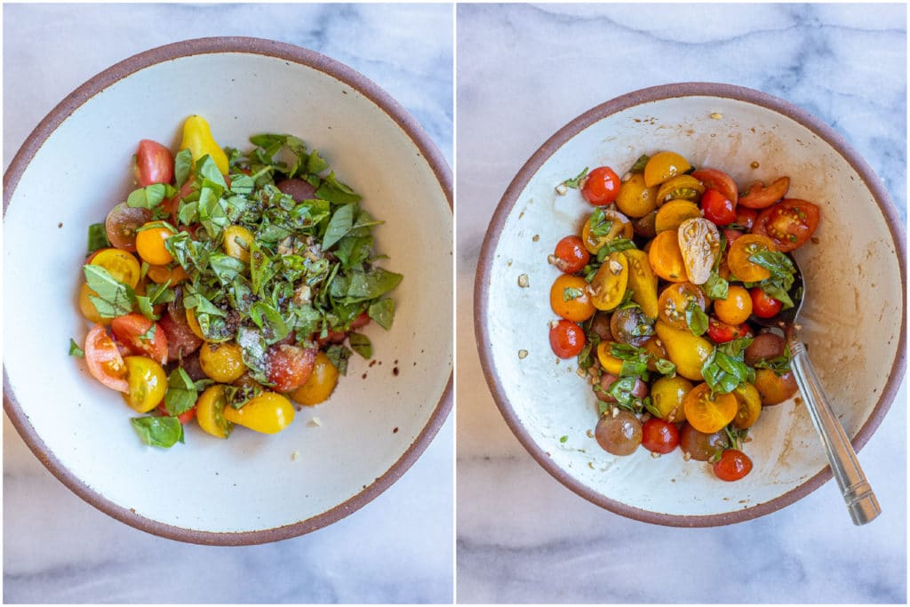 showing how to make this bruschetta recipe with all the ingredients mixed together in a bowl