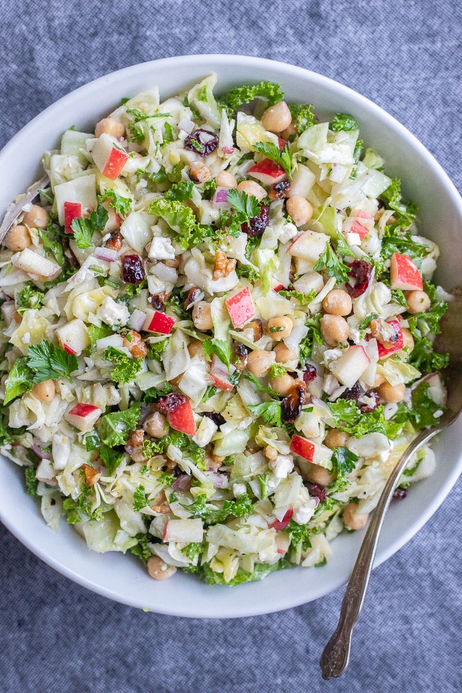 big bowl of holiday salad with cabbage and kale