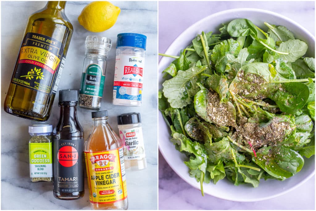 salad dressing ingredients on the spring mix in a bowl