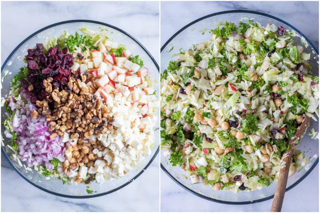 holiday kale salad after it's been mixed together with all the ingredients