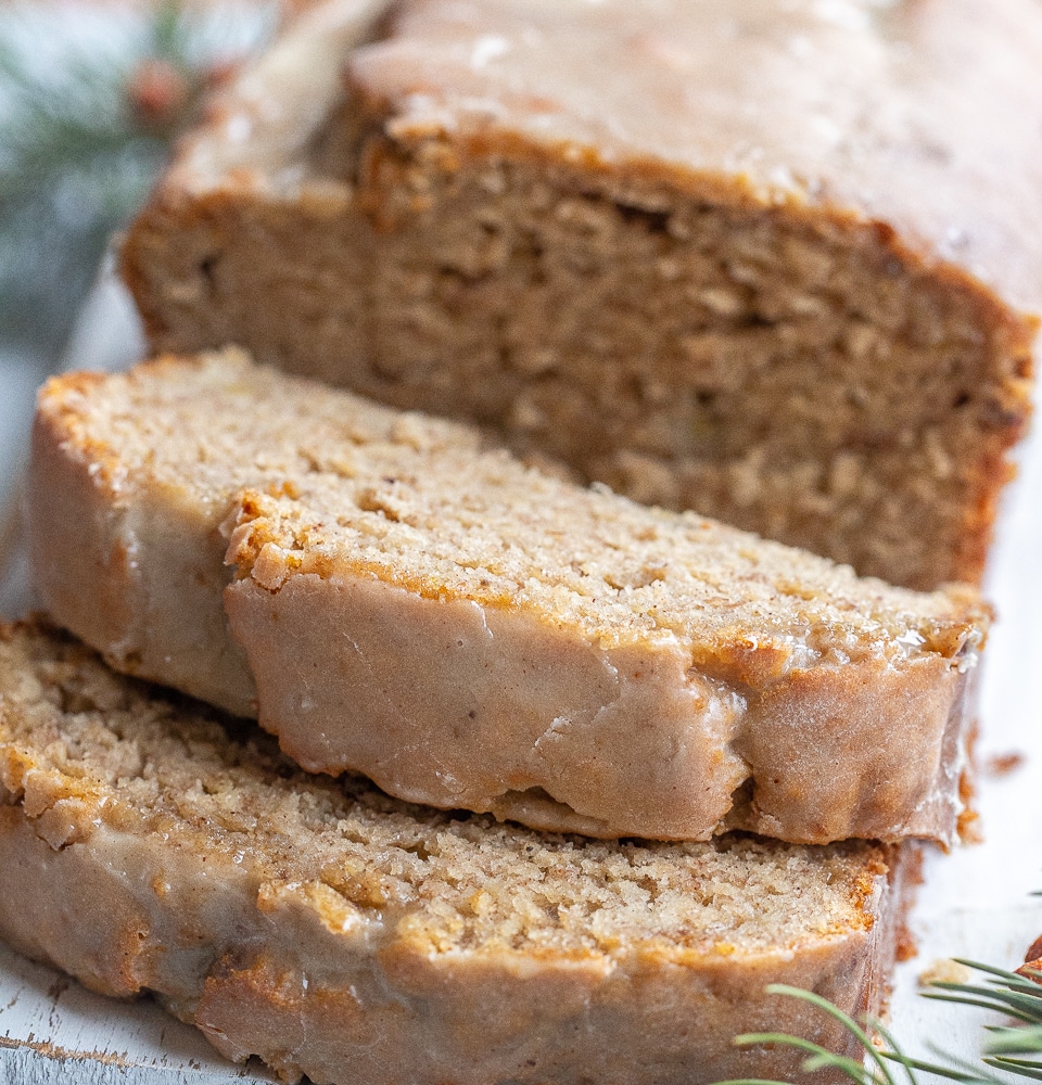 close up of a slice of eggnog banana bread