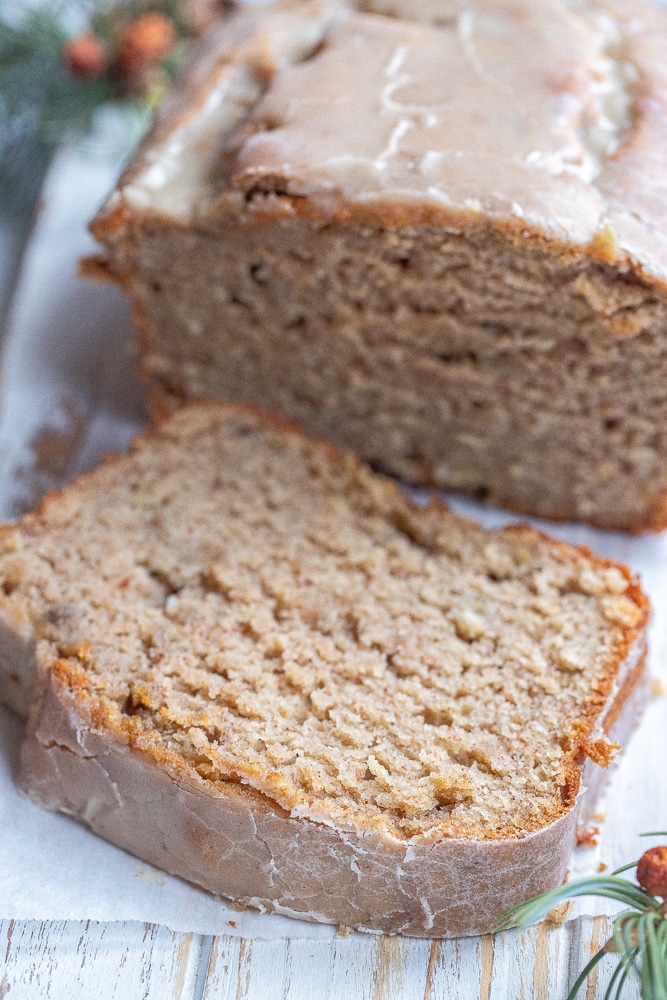 close up of a slice of eggnog banana bread