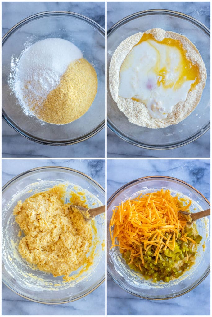 showing all the steps involved in making this pickled jalapeno cornbread