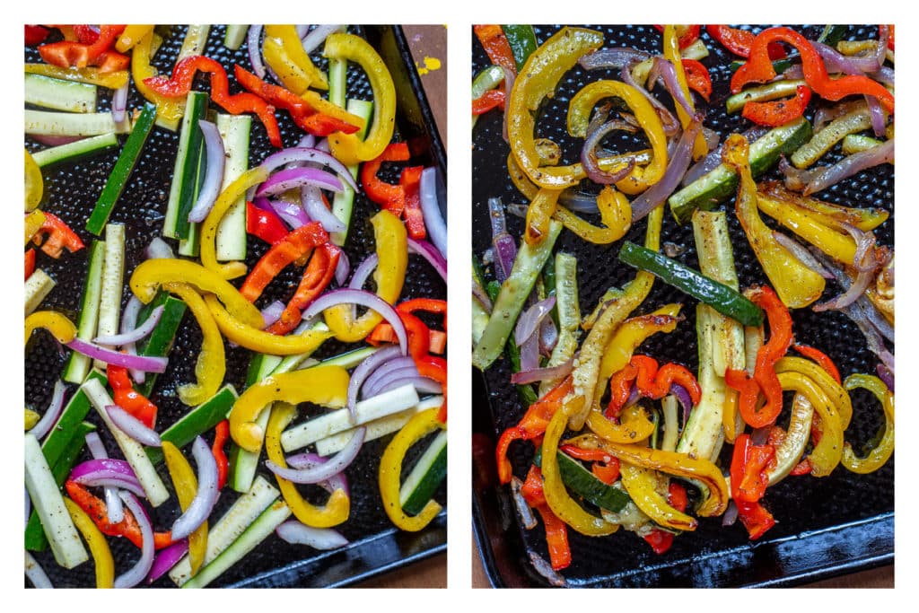 showing how to roast vegetables for the hummus wraps