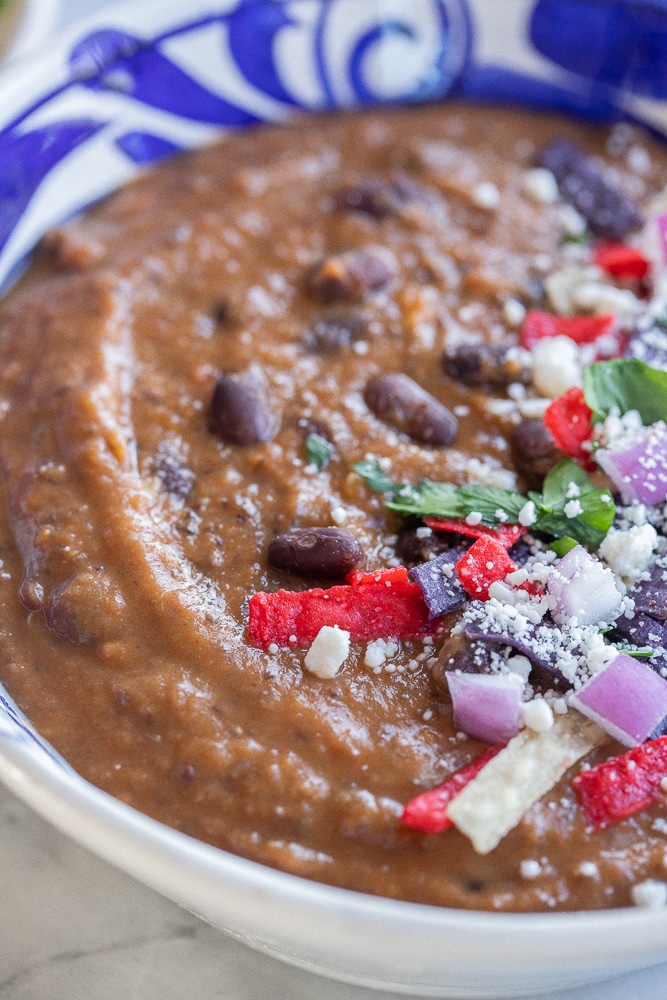 close up of this black bean and sweet potato soup