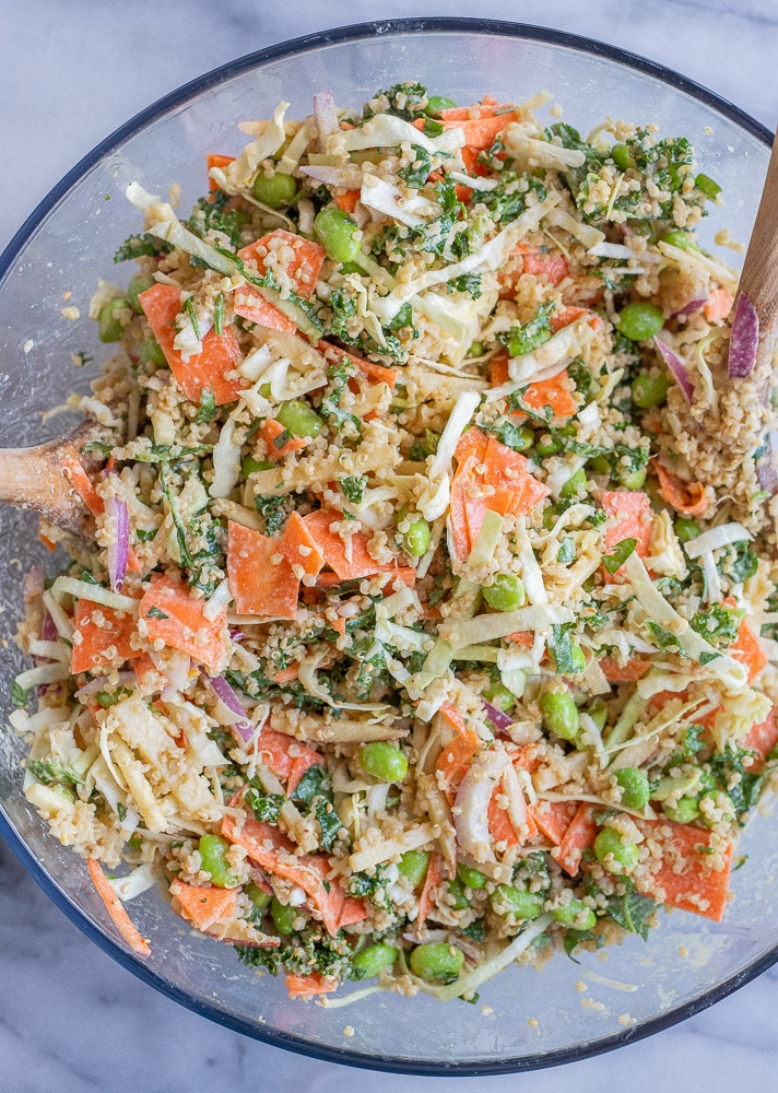 showing how to make quinoa and edamame salad