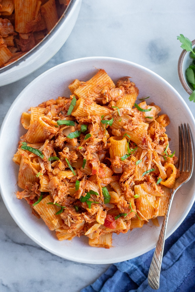 vegan jackfruit pasta in a bowl for dinner