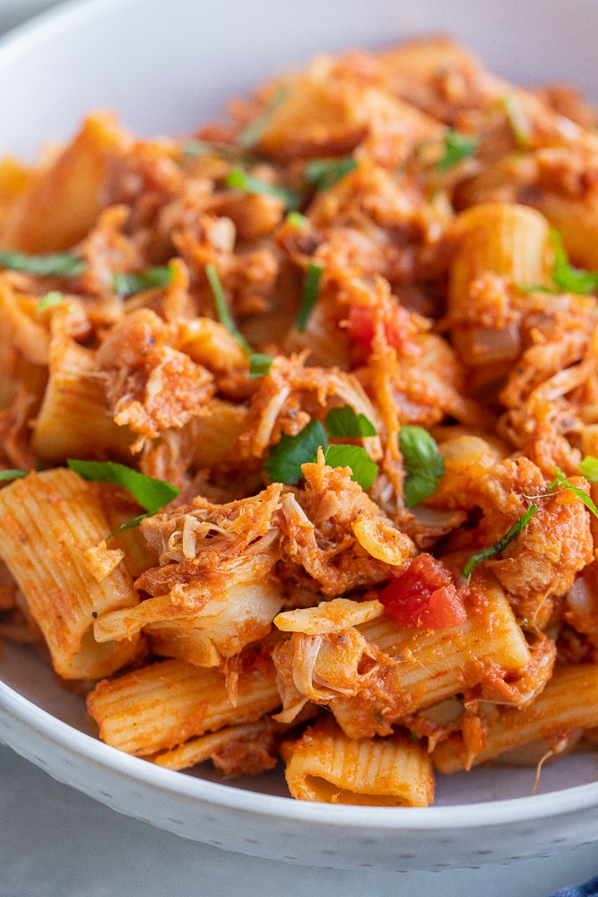 close up of smoky jackfruit pasta recipe in a bowl