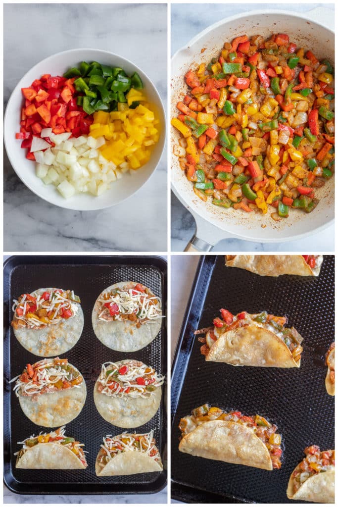 showing how to make crispy baked tacos with fajita peppers