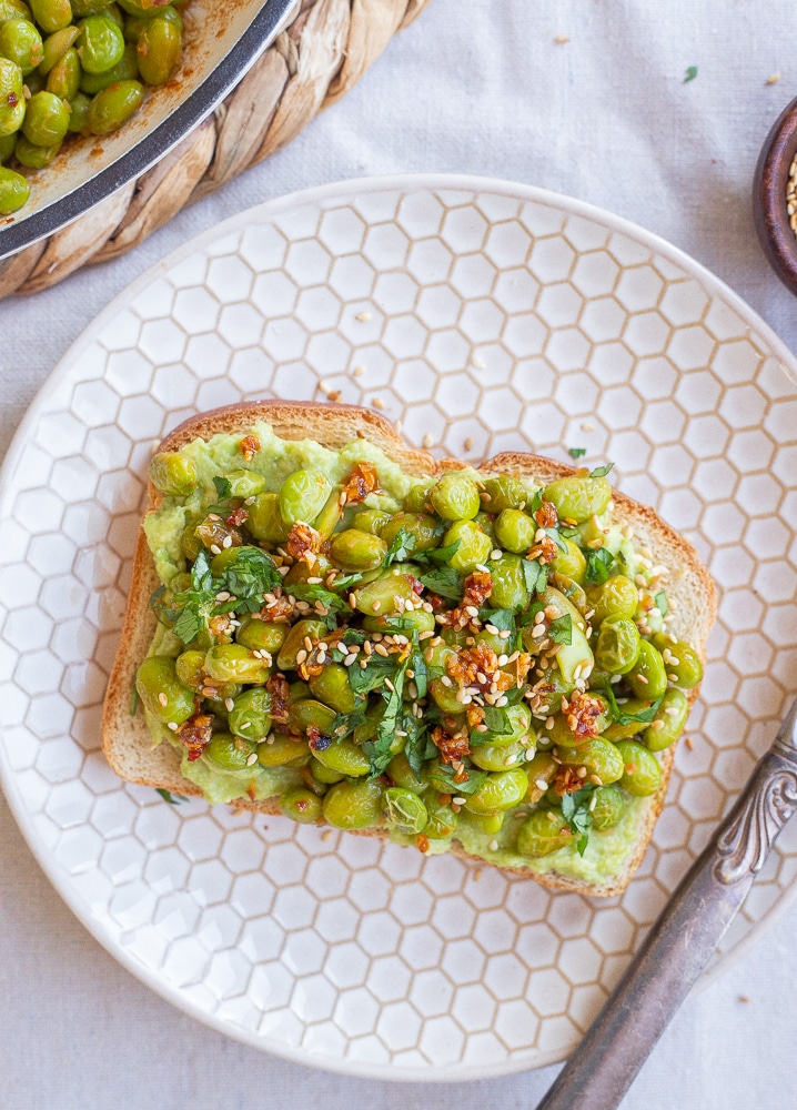 edamame avocado toast on a plate close up