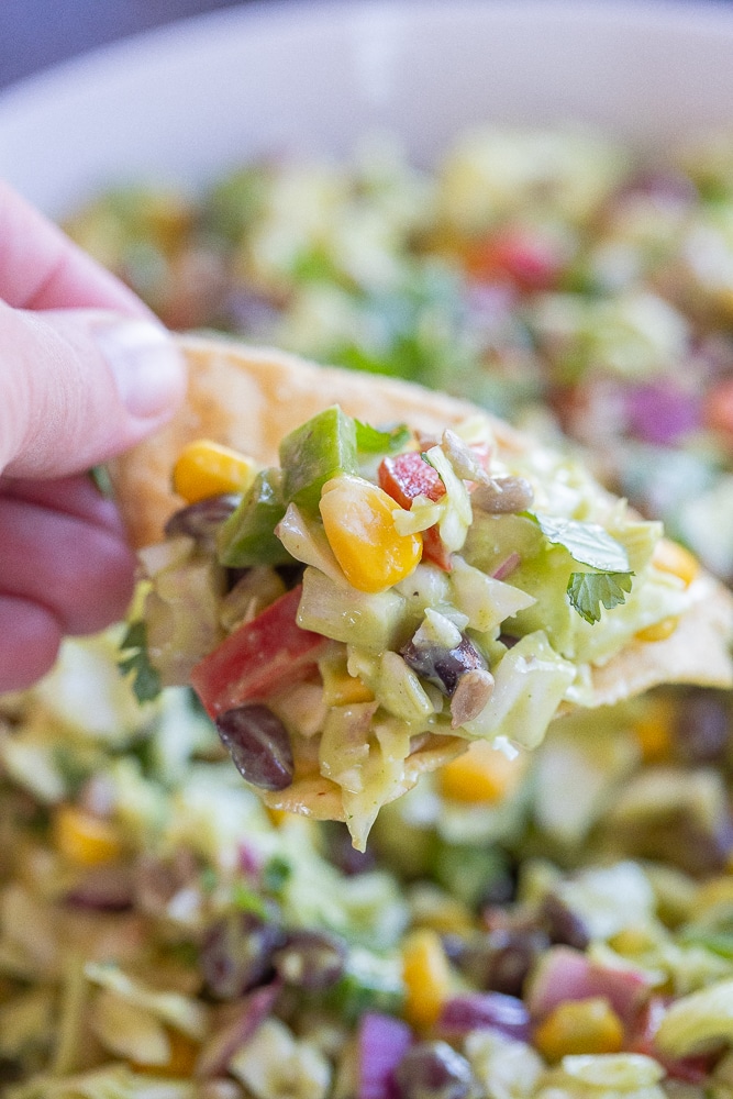 southwestern chopped salad on a tortilla chip