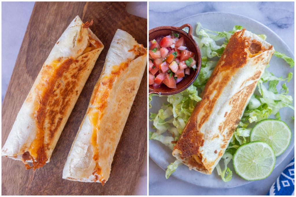 crispy rolled bean and cheese burritos out of the frying pan on a cutting board
