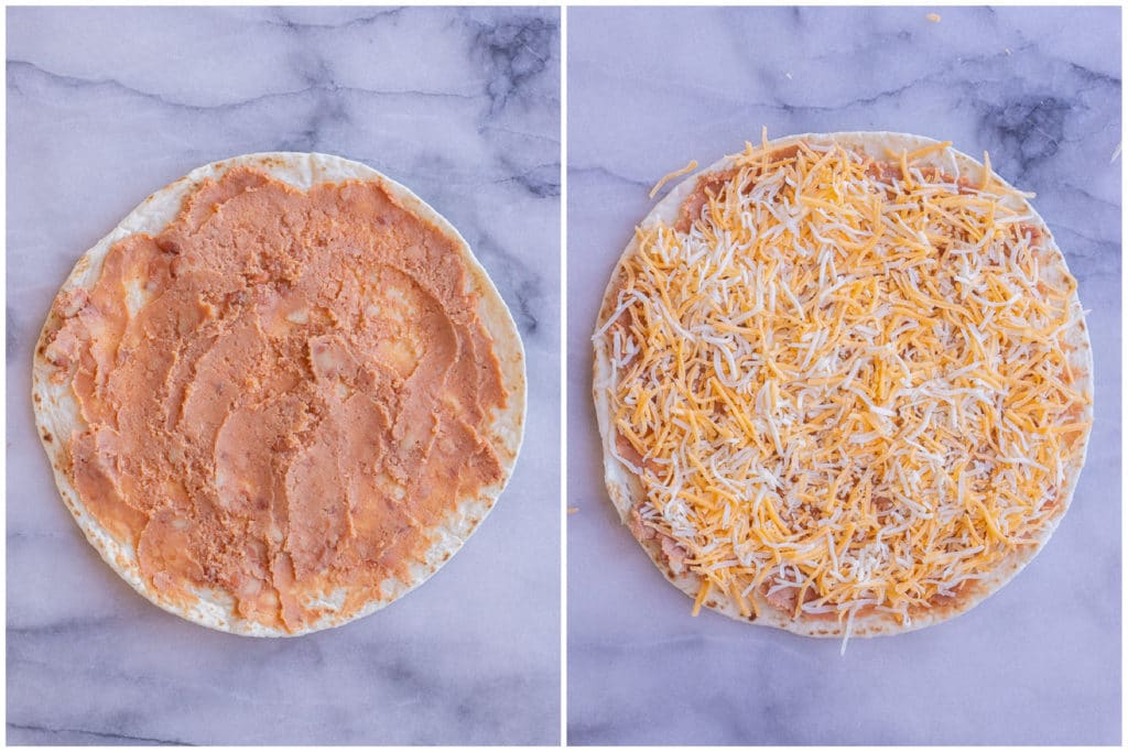 showing how to make crispy bean and cheese burritos