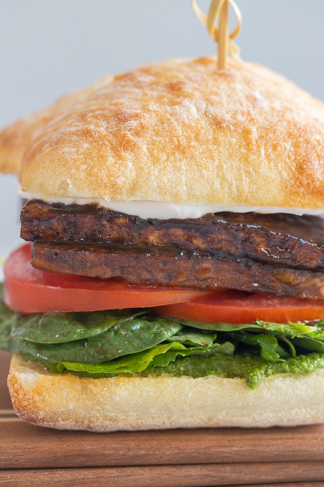 close up of a balsamic tofu sandwich