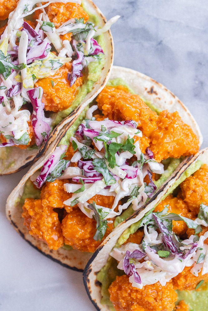 Crispy Buffalo Tofu Tacos with Ranch Slaw
