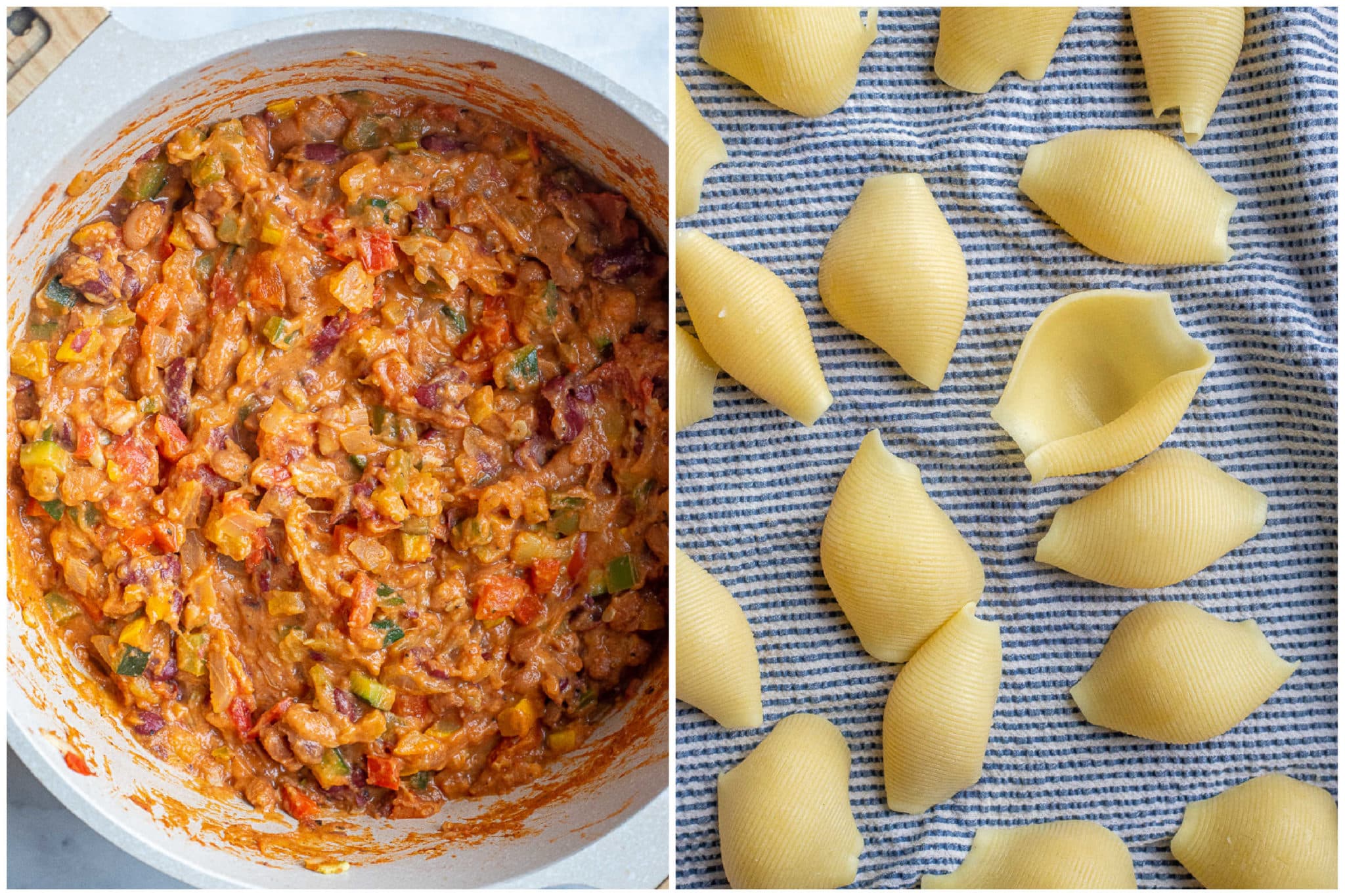 cheesy vegetarian chili in a pot cooked stuffed shells cooling