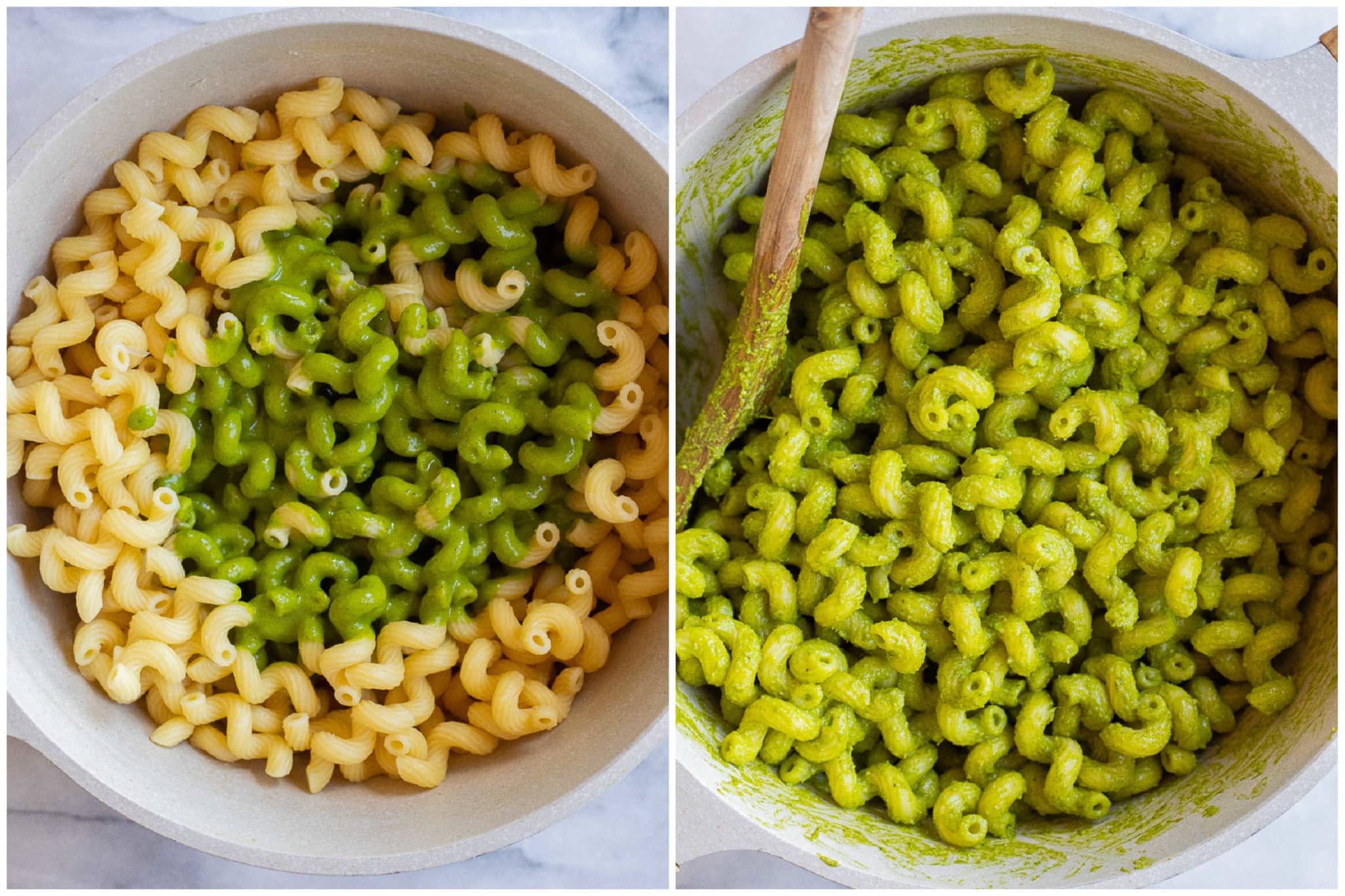 pasta with the lemon herb sauce poured onto it and mixed in