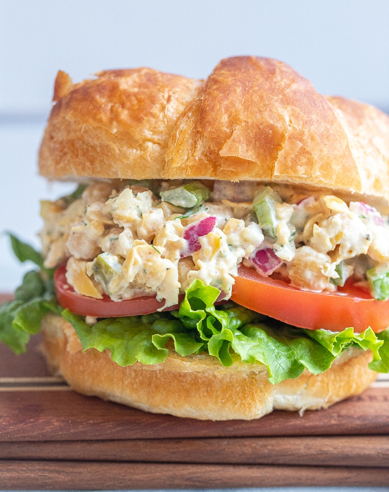 close up of a vegetarian tuna salad croissant 