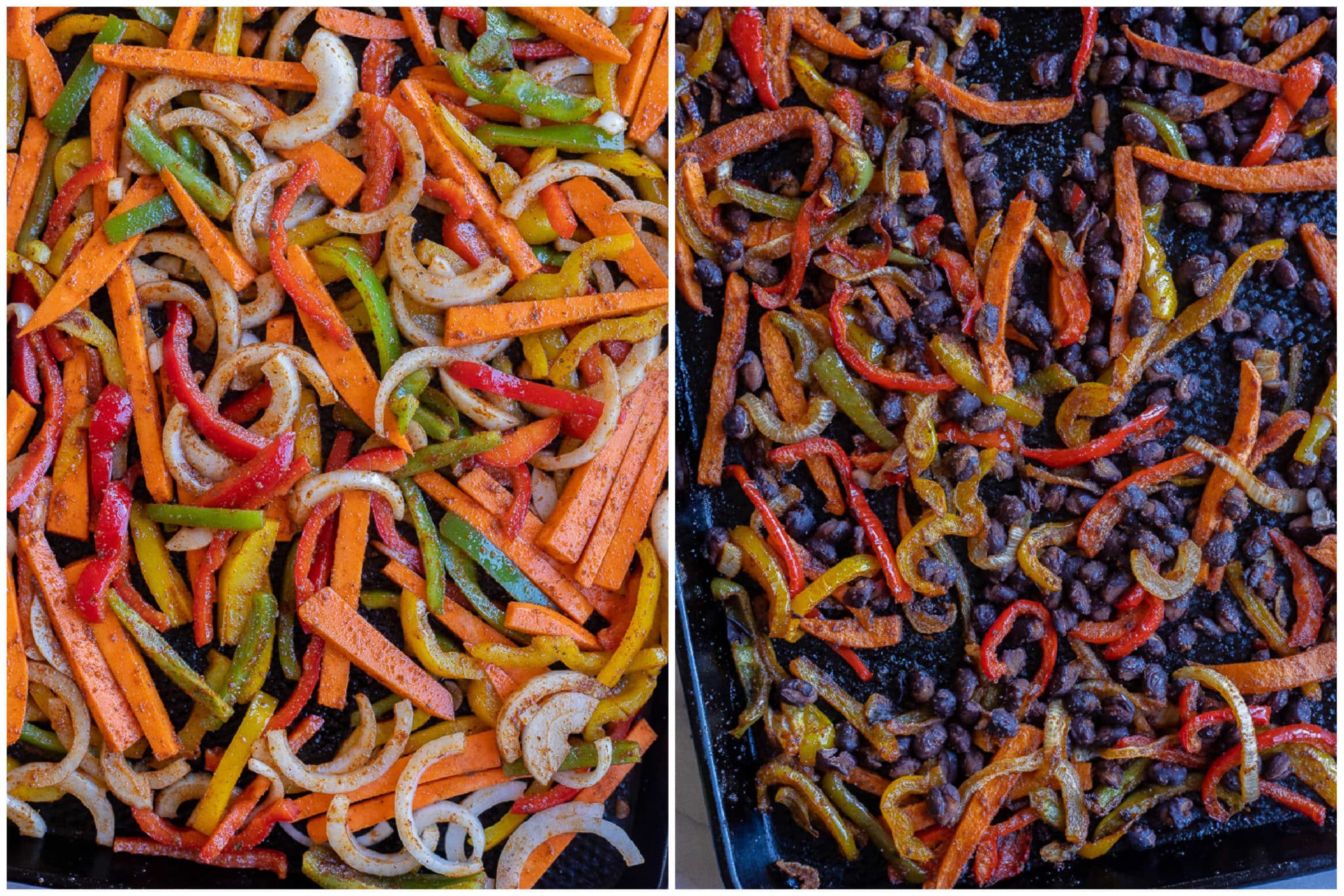 sheet pan fajitas before and after they've been baked in the oven
