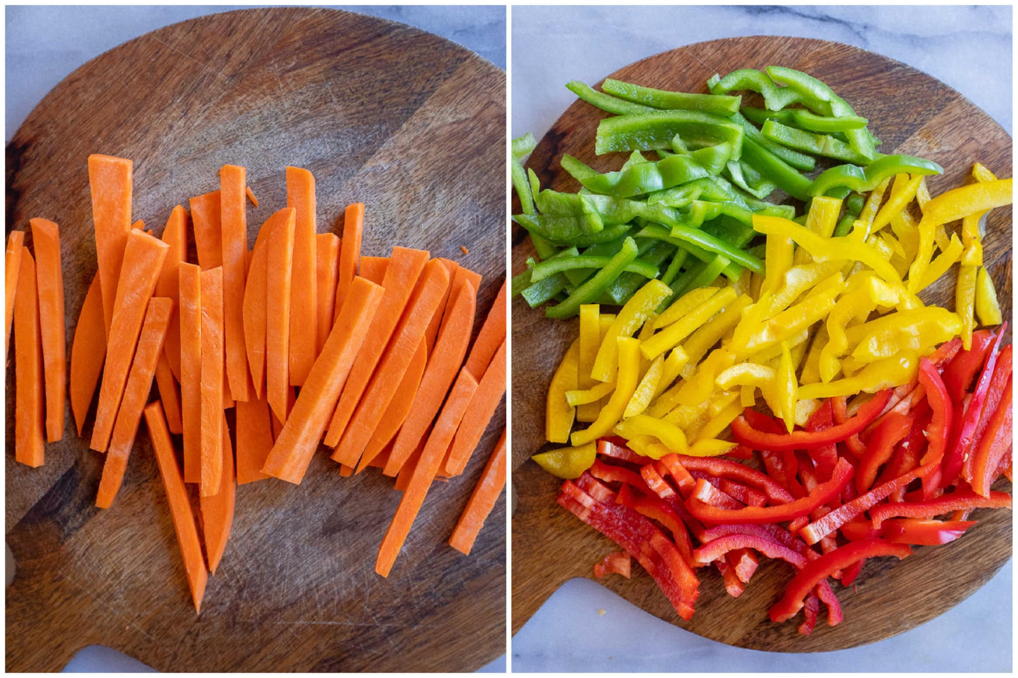 sliced sweet potato and colorful bell peppers ready to be made into fajitas