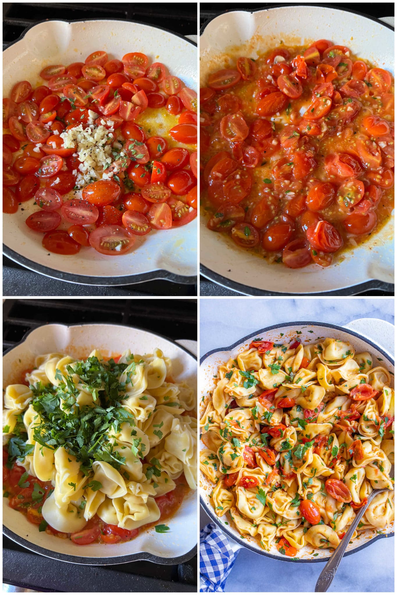 showing how to make an easy cherry tomato sauce with cheese tortellini