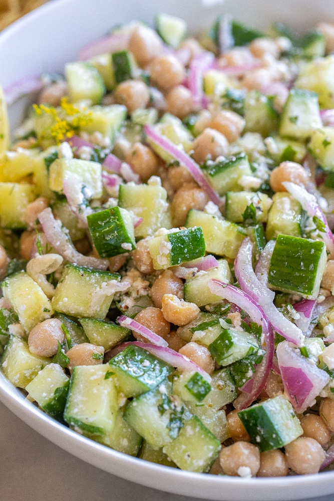 close up of feta cucumber salad in a bowl