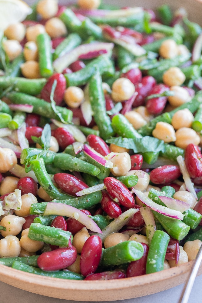 up close of a bowl of 3 bean salad