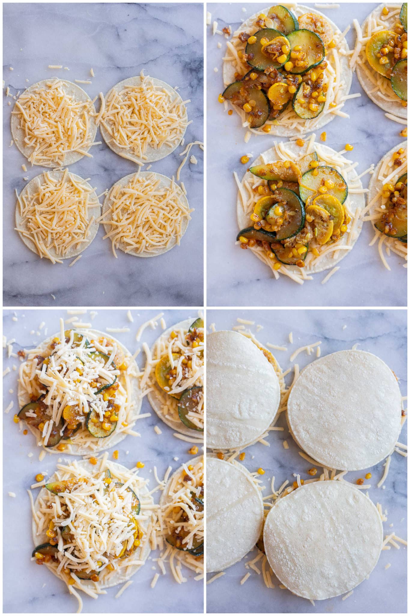 showing how to assemble the corn and zucchini quesadillas using mini corn tortillas