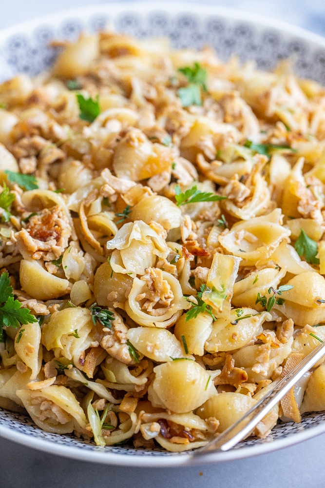 close up of a bowl of fried cabbage and noodles