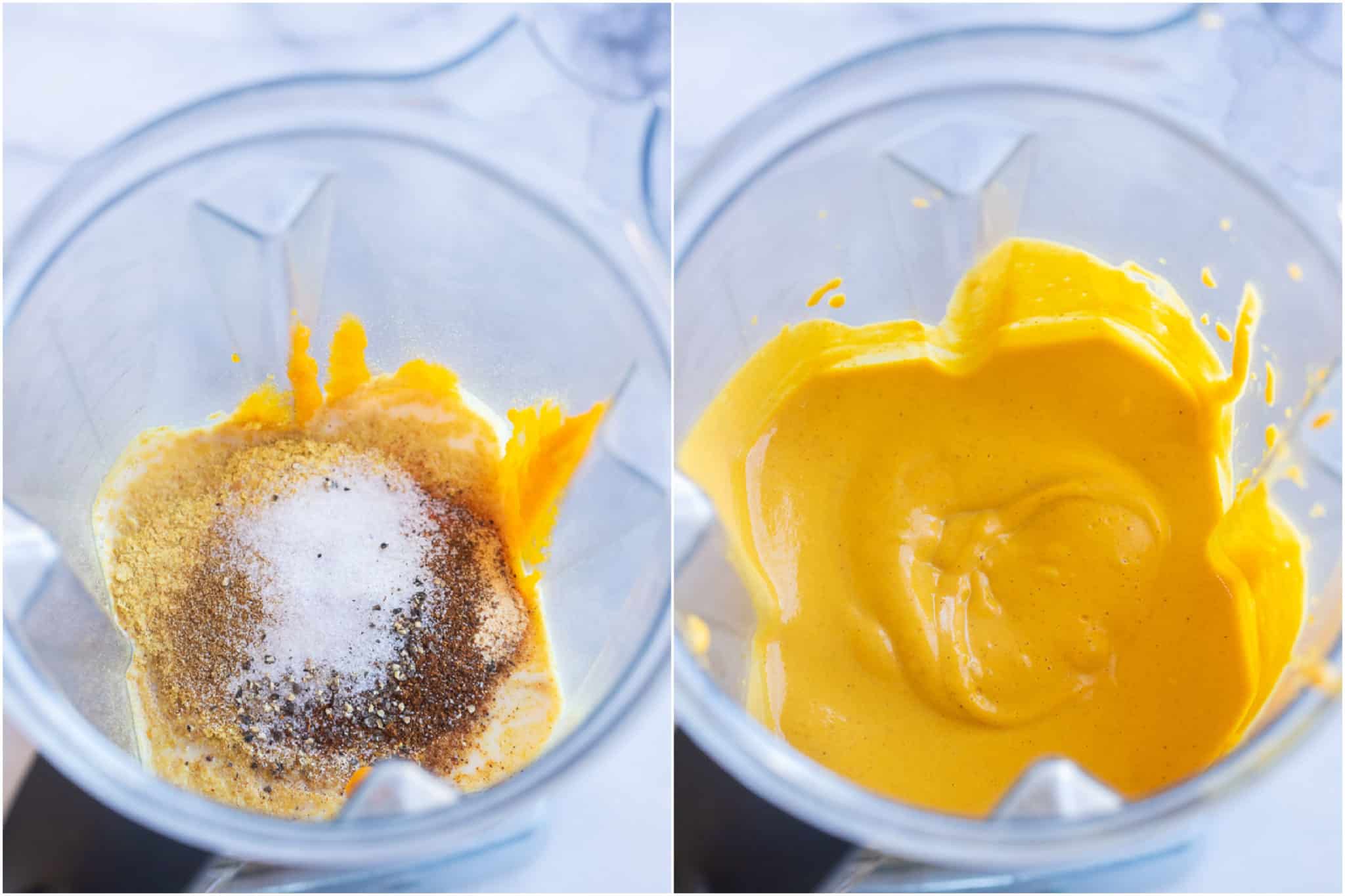 showing how to make this vegan cheese dip recipe by adding all the ingredients to a blender and blending until smooth