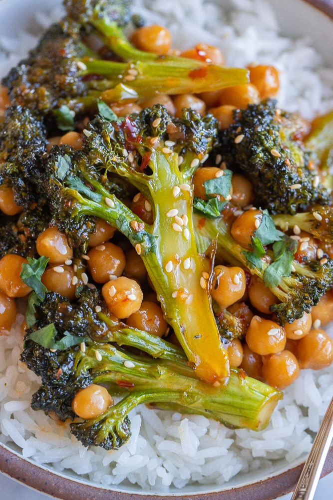 close up of chili garlic glazed broccoli with chickpeas