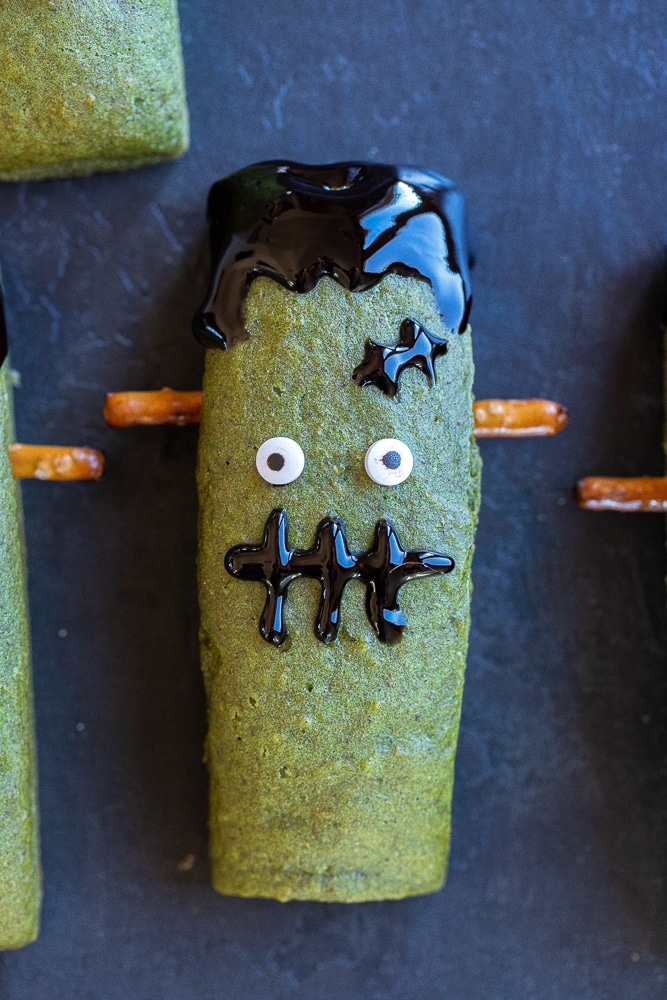 adorable healthy Frankenstein Halloween Bars on a black background