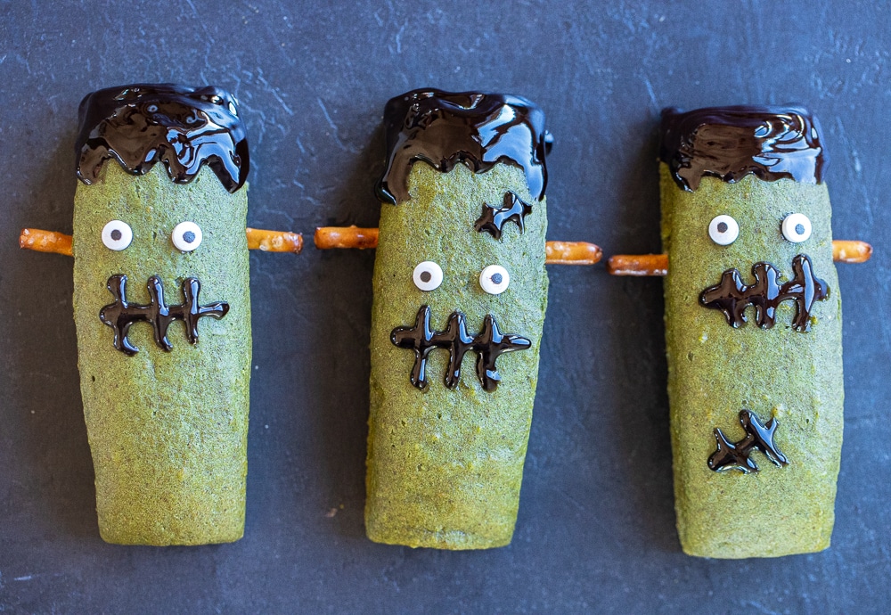 cute little Frankenstein halloween bars in a row