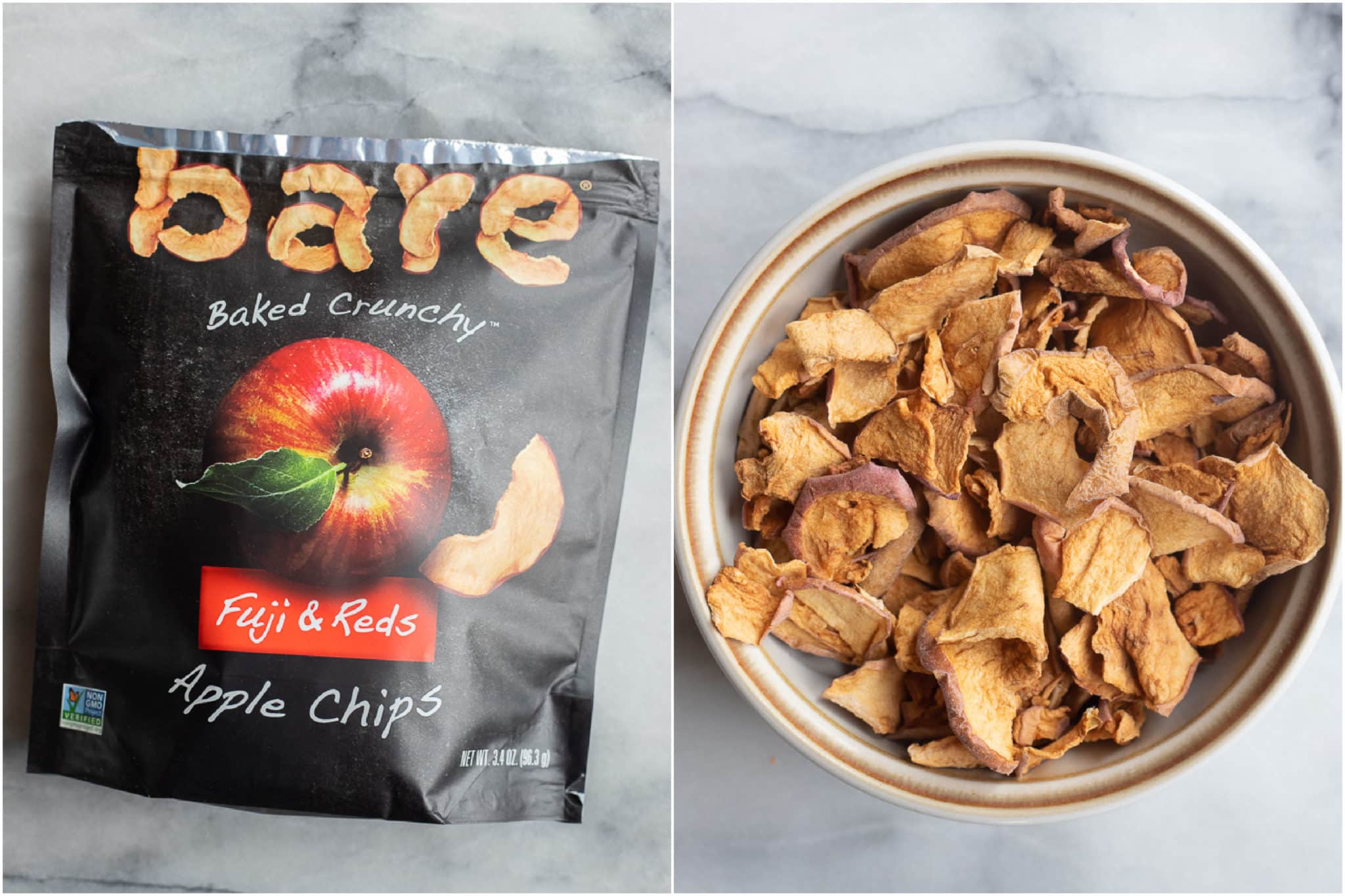 a bag of crunchy apple chips dumped into a bowl so you can see all of them