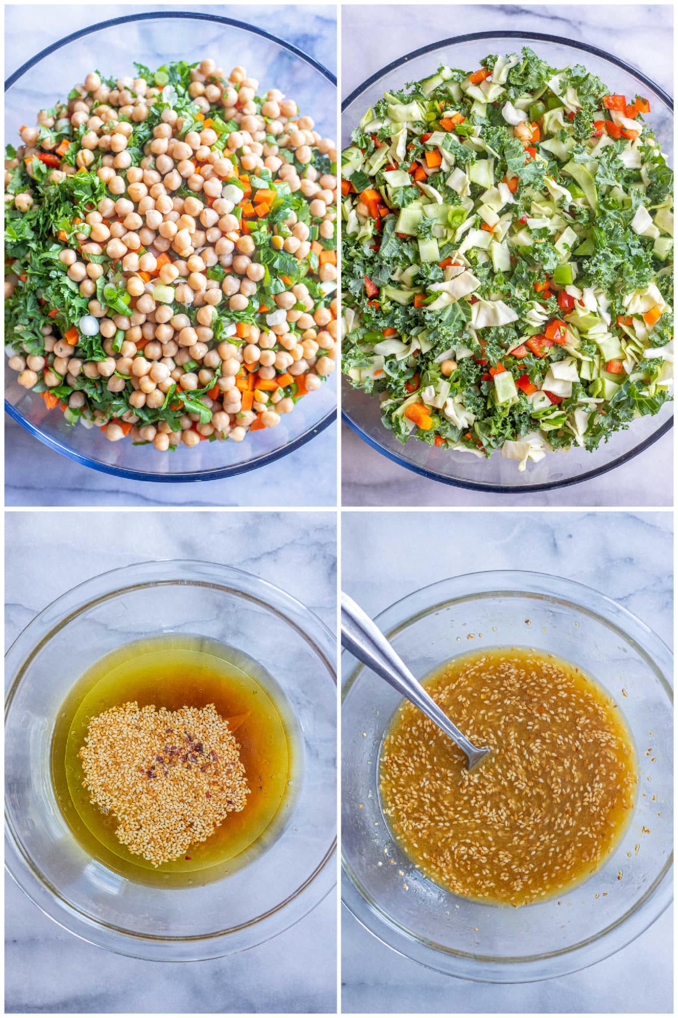 showing how to make this asian inspired crunchy cabbage salad with all the vegetables and the easy peanut ginger dressing