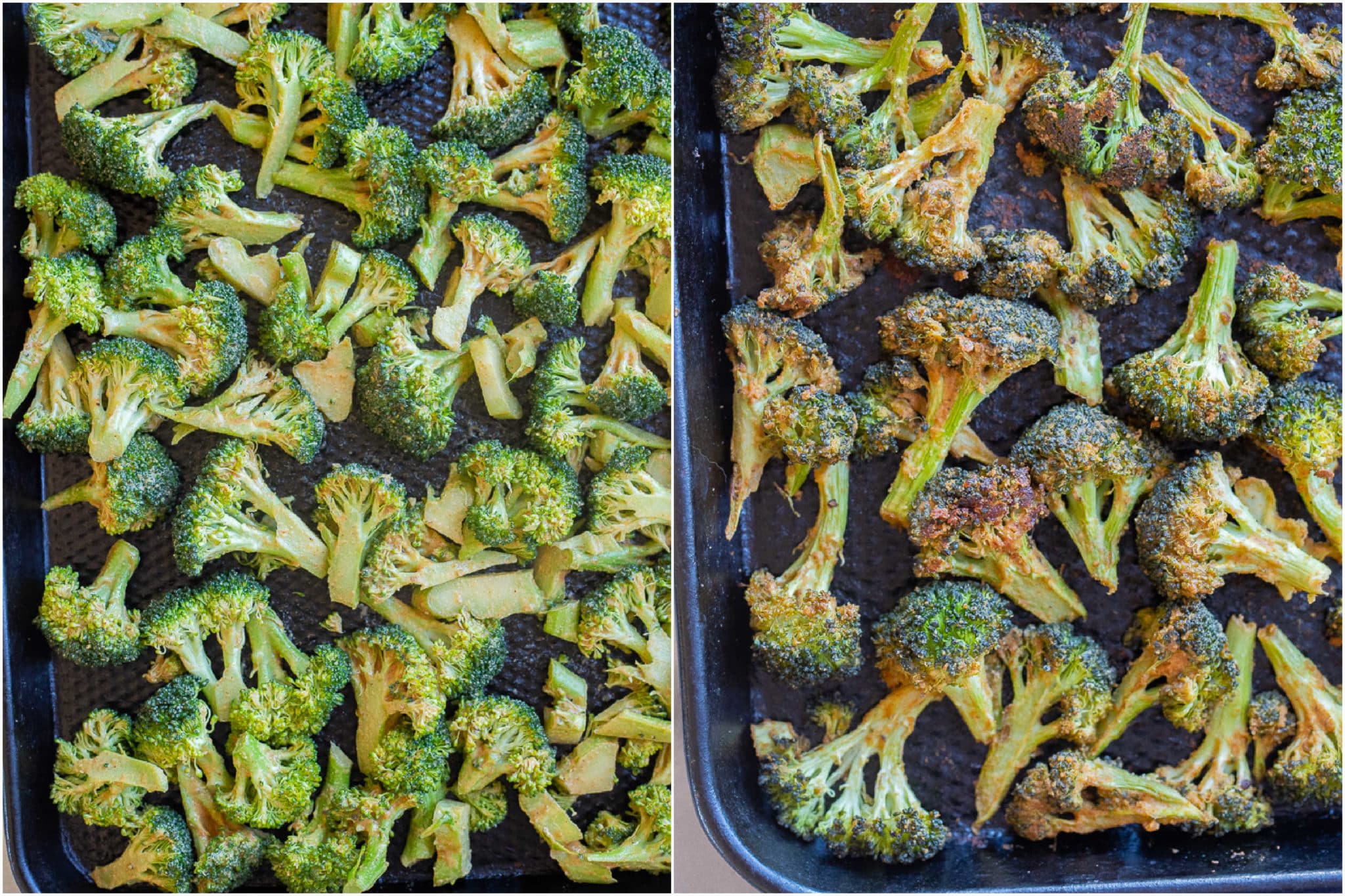 broccoli tossed in tahini sauce on a sheet pan and then roasted broccoli out of the oven