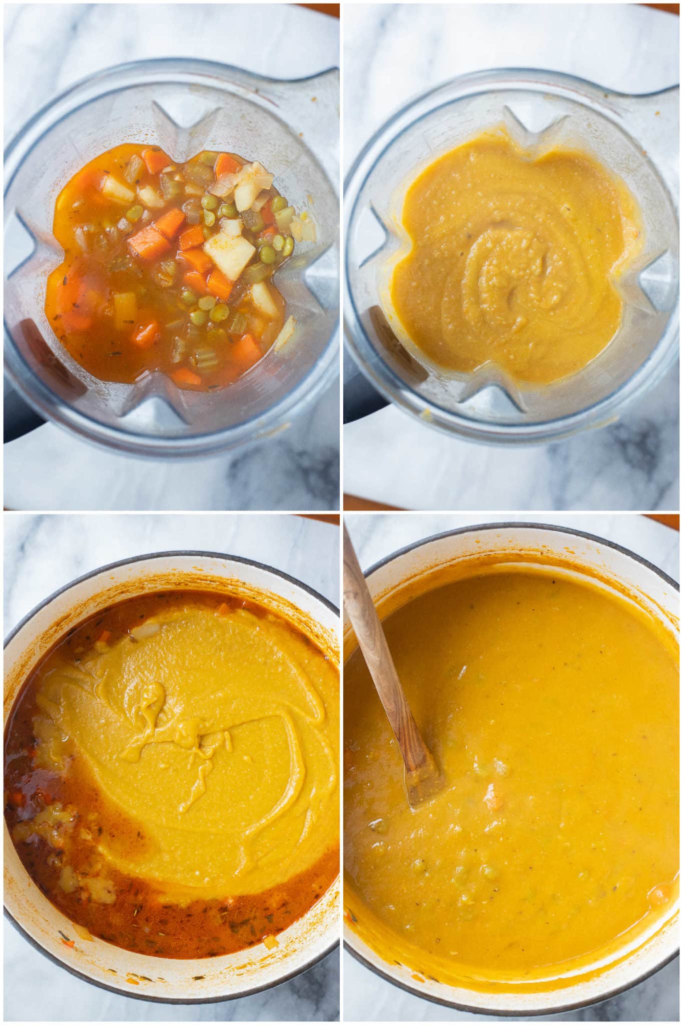 split pea soup being blended in a blender and then poured back into the soup pot