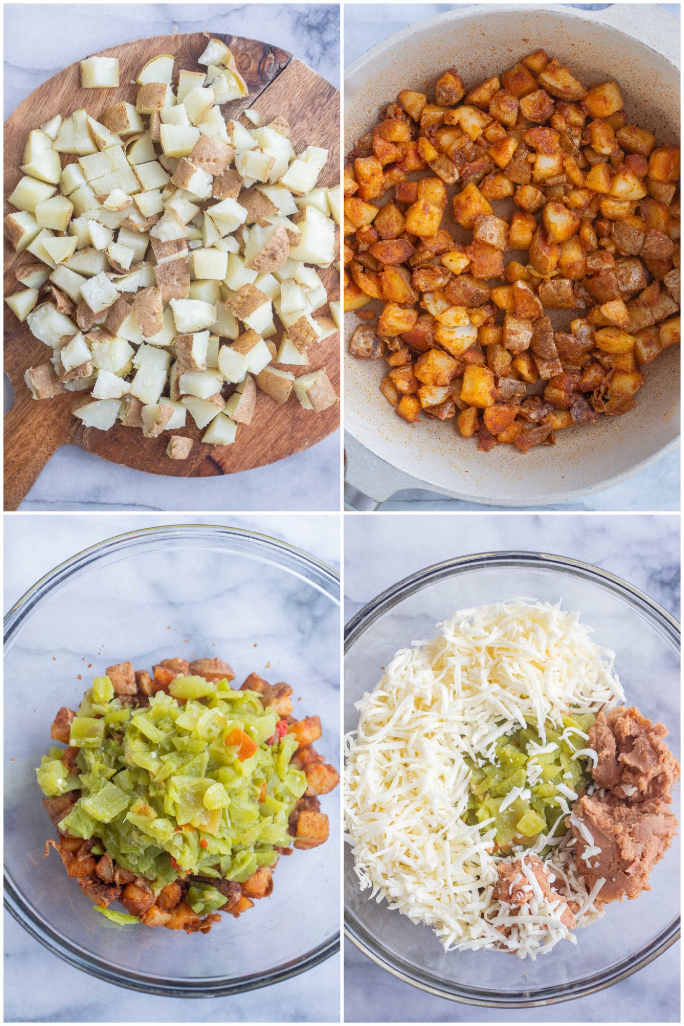 showing how to make the seasoned potatoes and the green Chile enchilada filling
