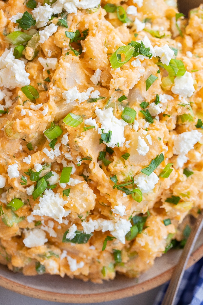 close up of bufalo flavored potato salad