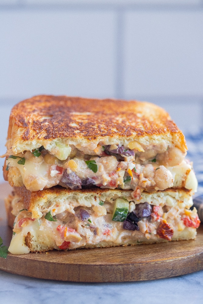 Greek Chickpea Salad Melts stacked on top of eachother