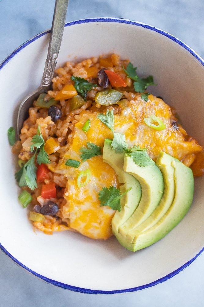 close up of a bowl of easy fajita casserole with rice