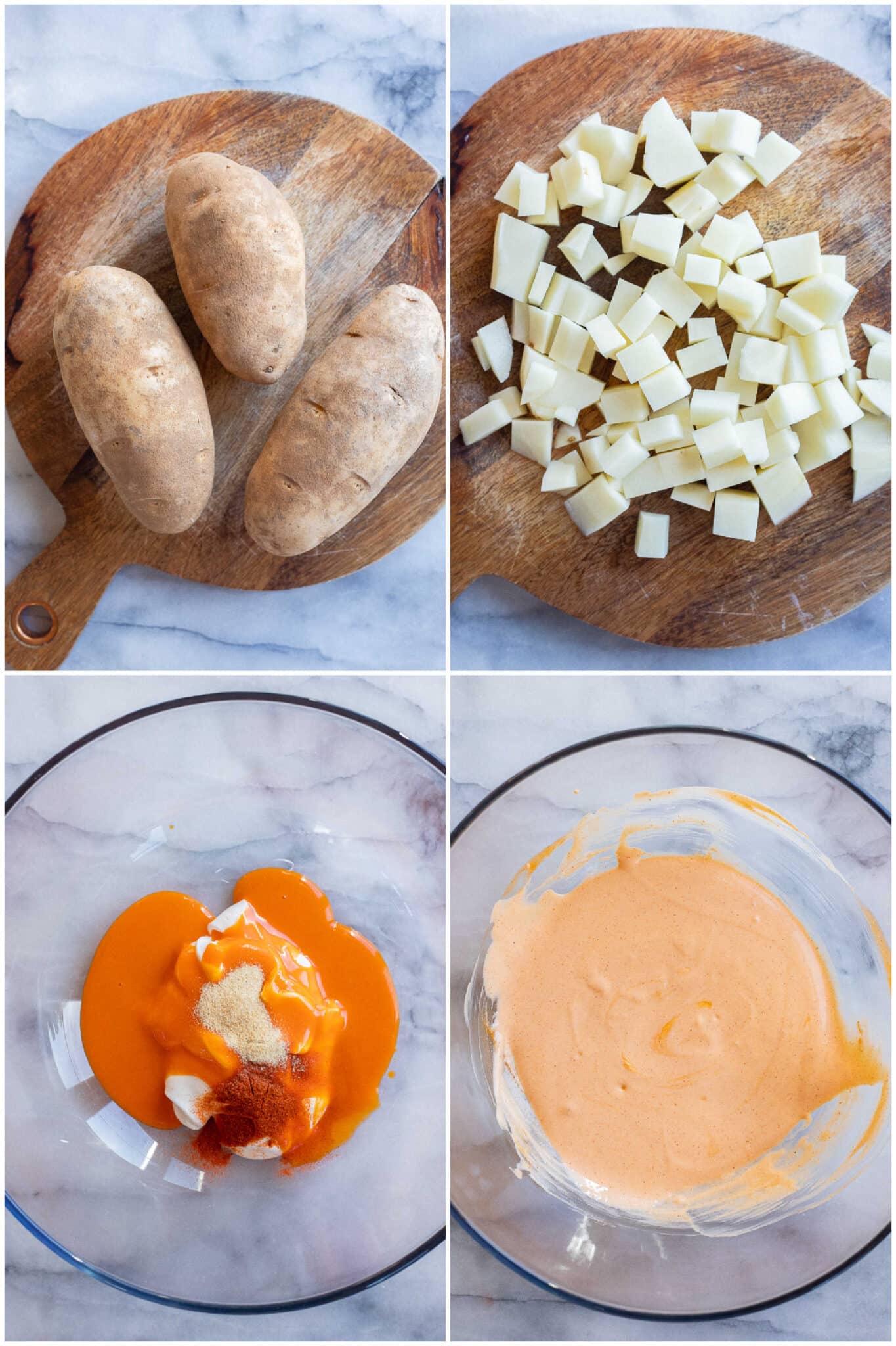showing how to cut potatoes for potato salad and make buffalo dressing